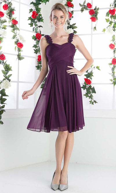 Cinderella Divine - 3801 Floral Strap Empire Waist A-Line Short Dress Bridesmaid Dresses XS / Eggplant