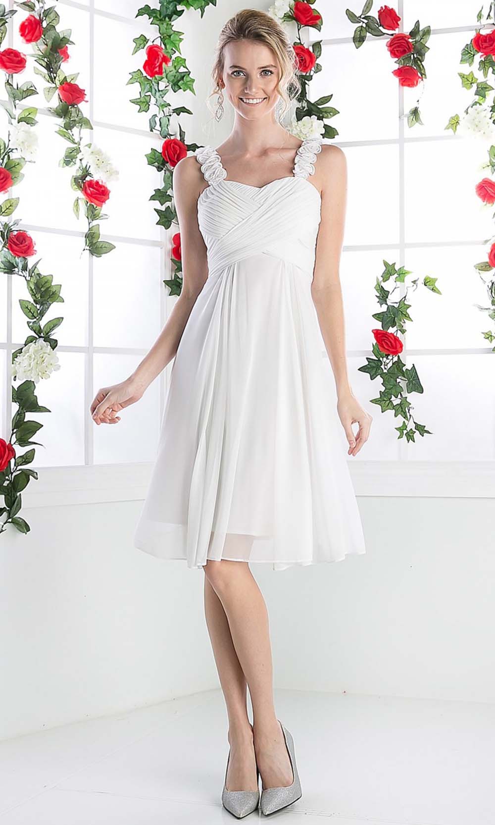 Cinderella Divine - 3801 Floral Strap Empire Waist A-Line Short Dress Bridesmaid Dresses XS / Off White
