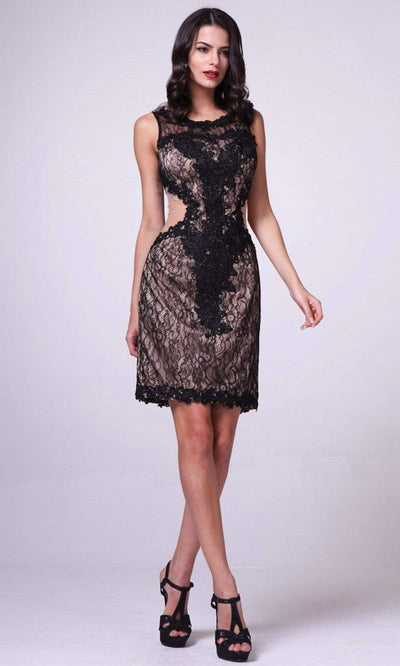 Cinderella Divine - 390S Sheer Cutout Lace Appliqued Sheath Dress Wedding Guest XS / Black