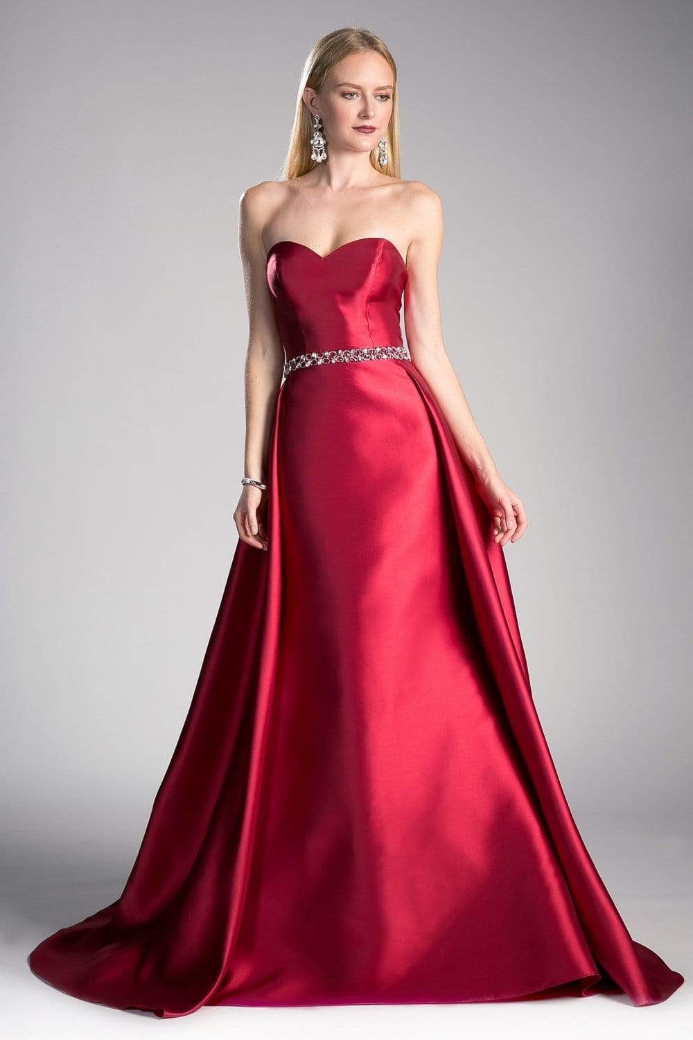 Cinderella Divine - 455 Beaded Belt Strapless Silk Gown with Overskirt Special Occasion Dress 2 / Burgundy