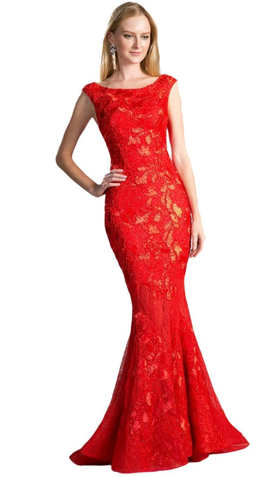 Cinderella Divine - 5029 Cap Sleeve Bateau Neck Lace Mermaid Evening Gown Special Occasion Dress 2 / Red