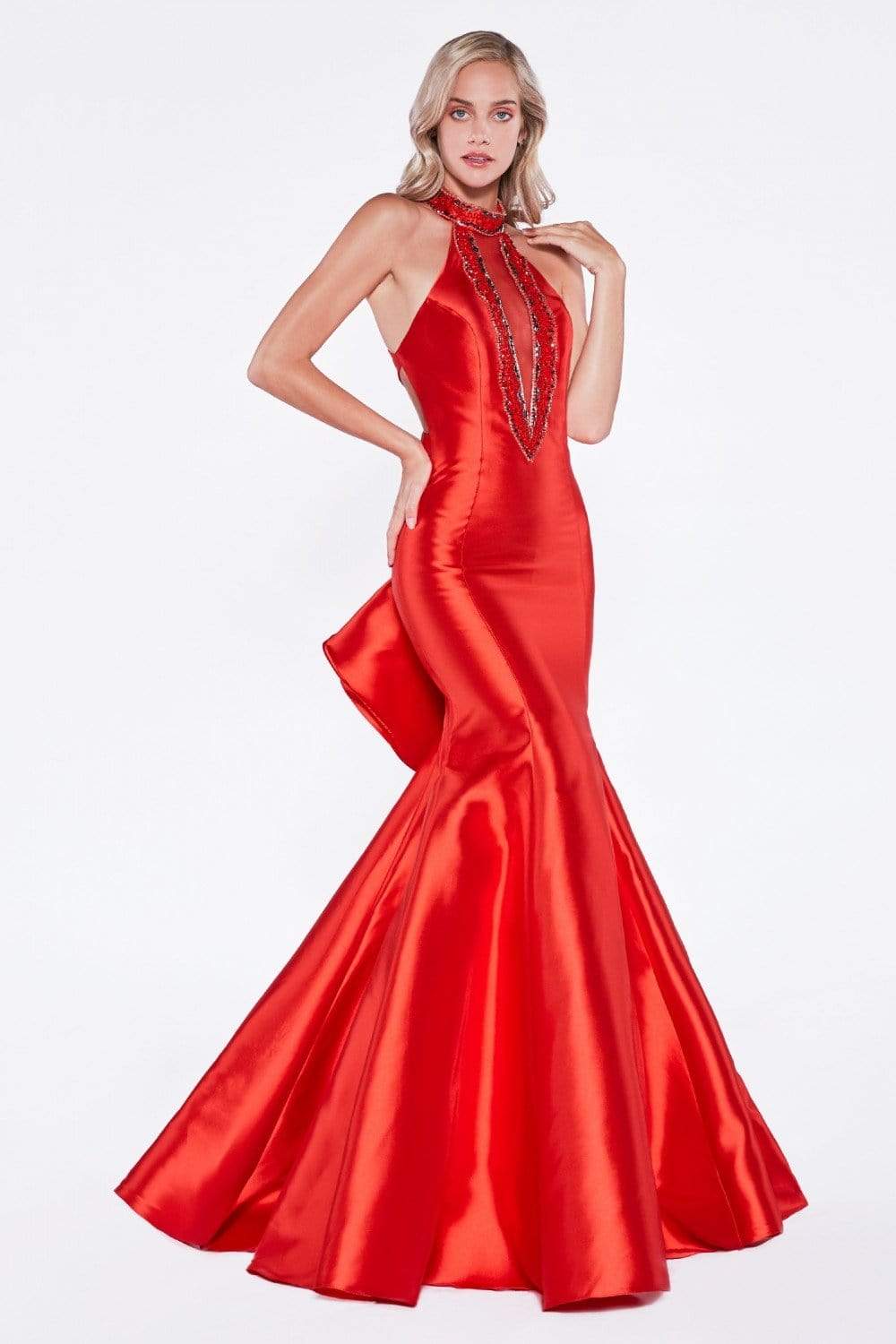 Cinderella Divine - 72046 High Halter Fitted Mermaid Gown Special Occasion Dress 2 / Red