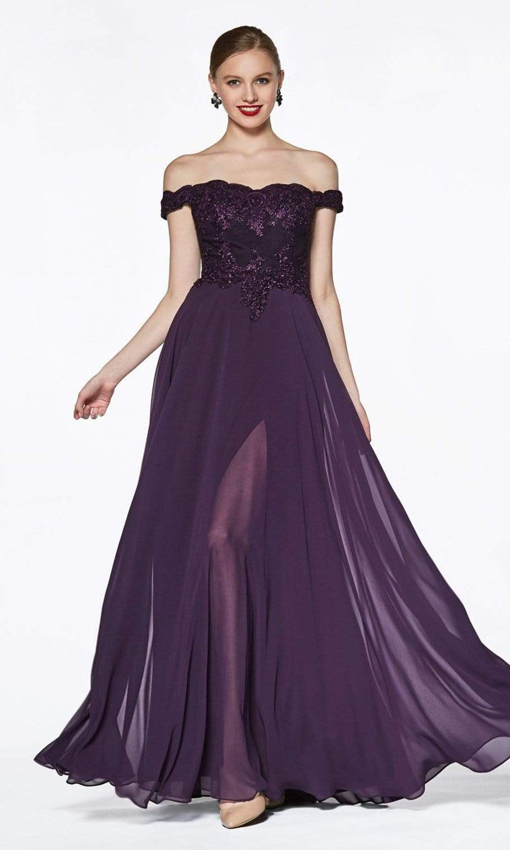 Cinderella Divine - Flowy Chiffon Lace Embellished A-Line Gown 7258 - 1 pc Eggplant In Size 3X Available CCSALE 3X / Eggplant