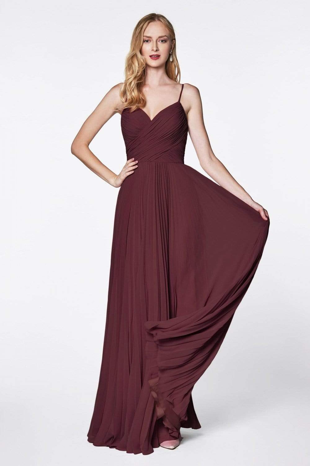 Cinderella Divine - 7471 Sweetheart Ruched Bodice Pleated A-Line Gown Bridesmaid Dresses 2 / Burgundy