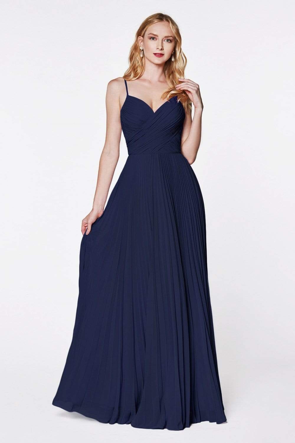 Cinderella Divine - 7471 Sweetheart Ruched Bodice Pleated A-Line Gown Bridesmaid Dresses 2 / Navy