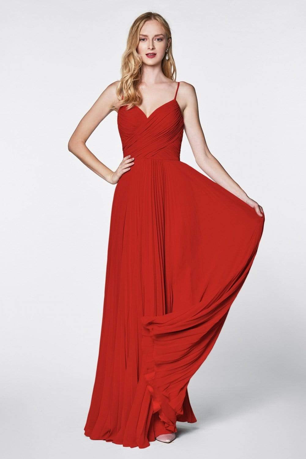 Cinderella Divine - 7471 Sweetheart Ruched Bodice Pleated A-Line Gown Bridesmaid Dresses 2 / Red