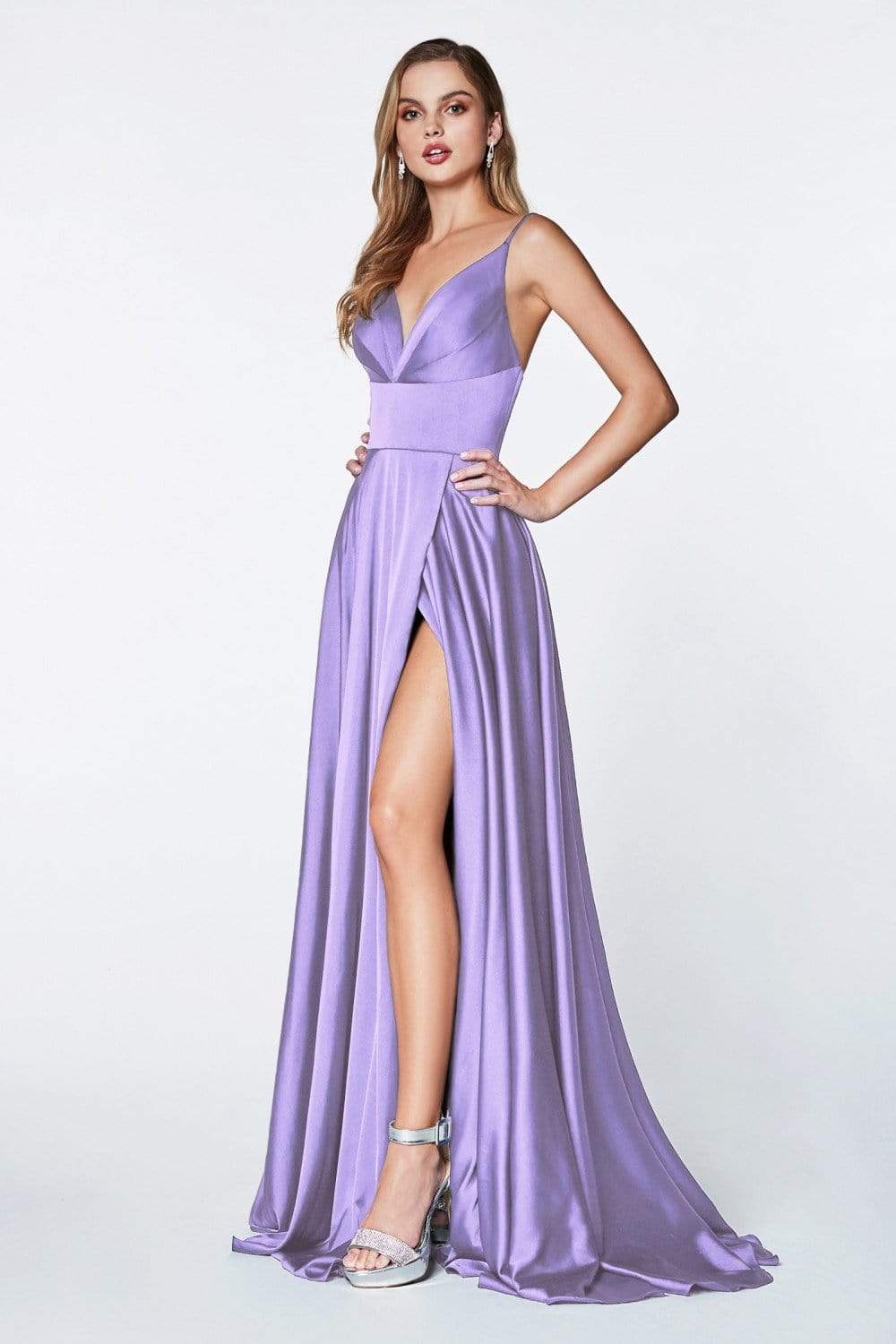 Cinderella Divine - 7472 Spaghetti Straps V Neck Wrap Satin Gown Bridesmaid Dresses 2 / Lavender