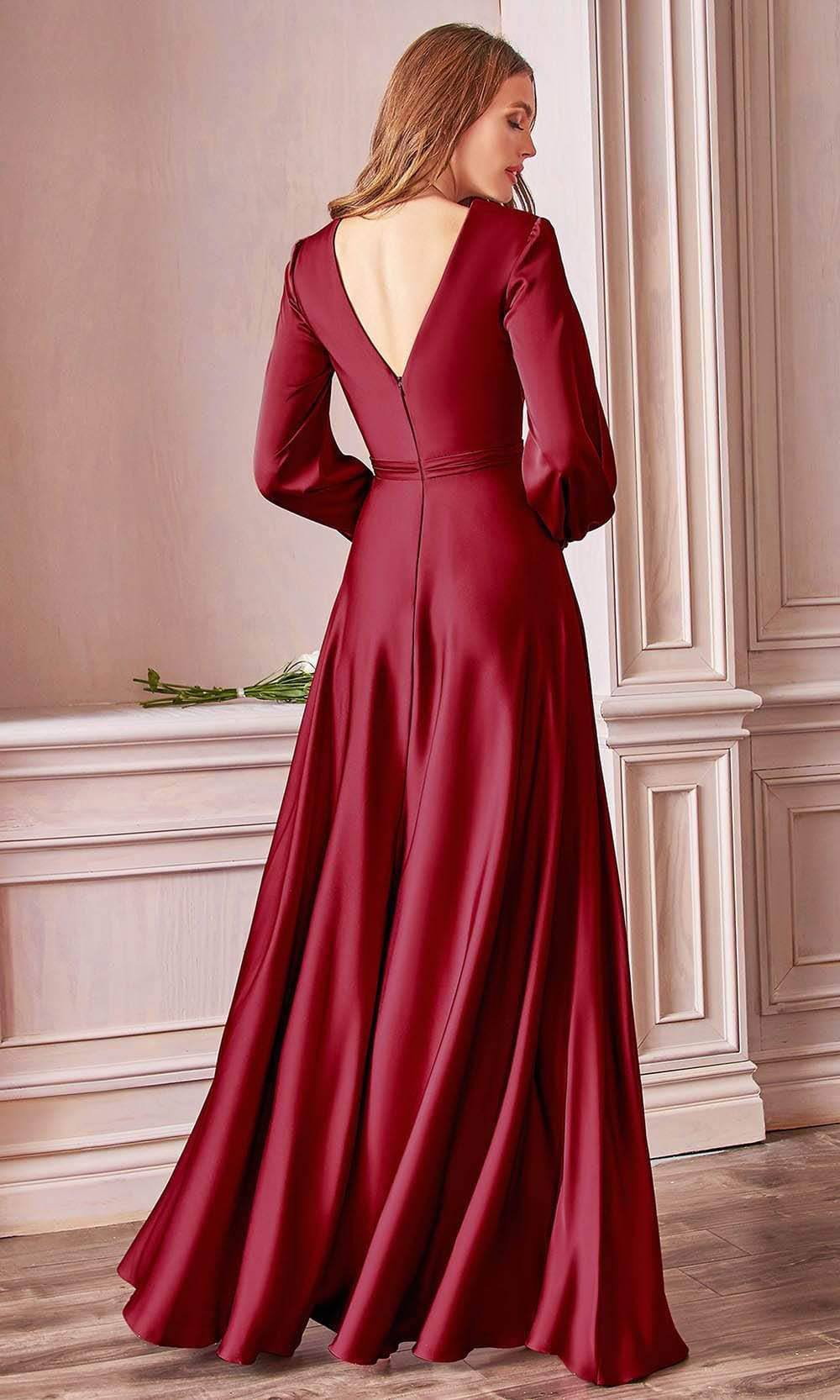 Cinderella Divine - Long Sleeve Plunging Bodice A-Line Gown 7475CSC In Red