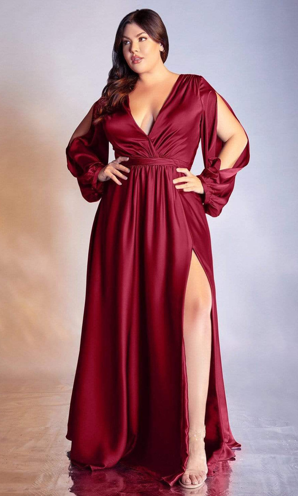 Cinderella Divine - Long Sleeve Plunging Bodice A-Line Gown 7475CSC In Red