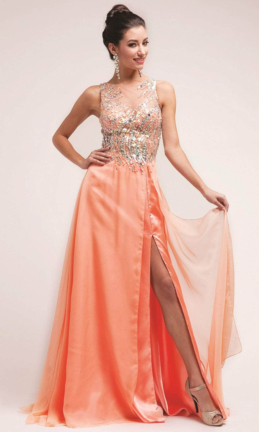 Cinderella Divine 7922 - Sequin Illusion A-Line Gown Special Occasion Dress 4 / Peach