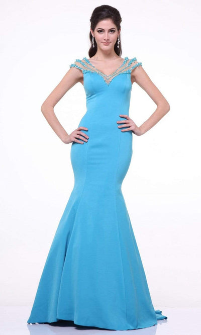 Cinderella Divine - 8106 Pearl-Adorned Cap Sleeve Trumpet Dress Evening Dresses 2 / Aqua