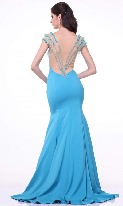 Cinderella Divine - 8106 Pearl-Adorned Cap Sleeve Trumpet Dress Evening Dresses