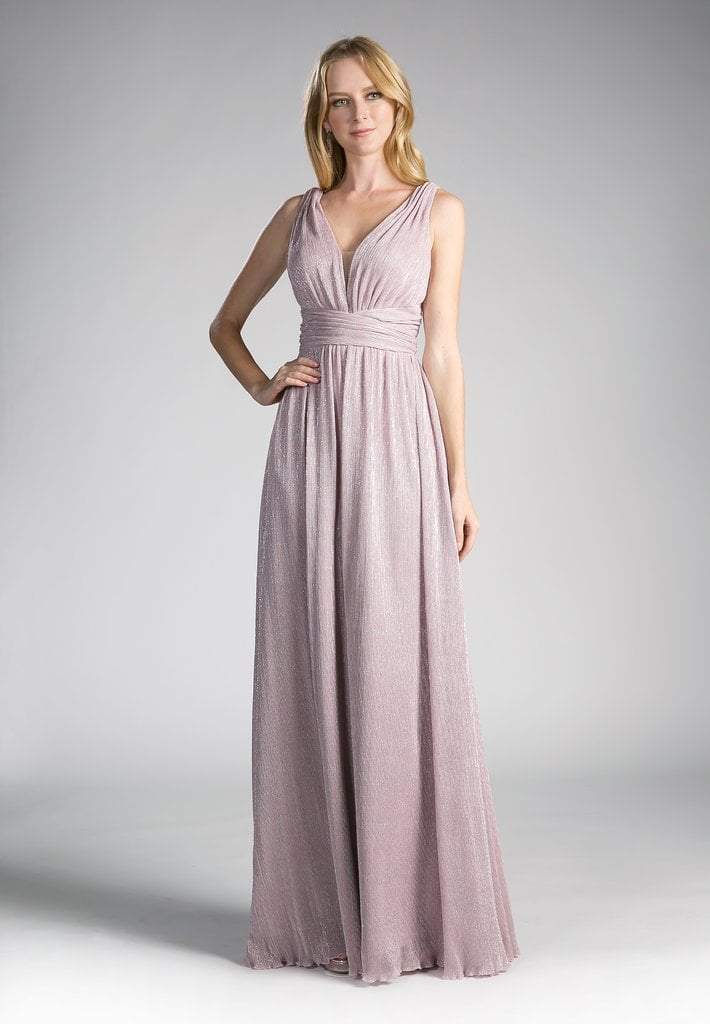 Cinderella Divine - 8276 Plunging V-Neck Ruched A-Line Gown Special Occasion Dress 4 / Blush