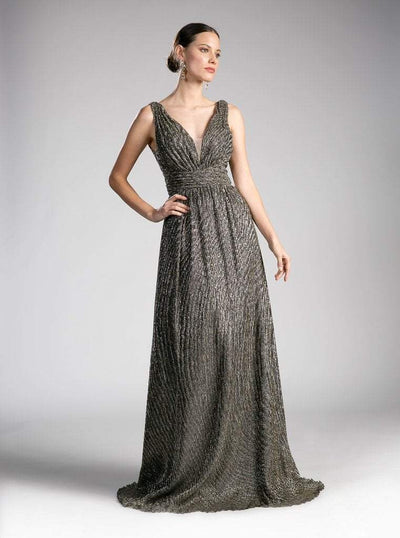 Cinderella Divine - 8276 Plunging V-Neck Ruched A-Line Gown Special Occasion Dress 4 / Goldblack