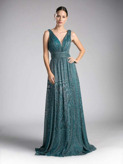 Cinderella Divine - 8276 Plunging V-Neck Ruched A-Line Gown Special Occasion Dress 4 / Teal