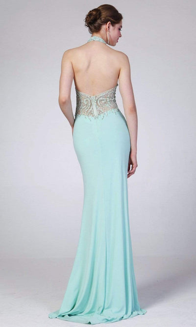 Cinderella Divine - 8741 Embellished Illusion Dress with Slit Evening Dresses