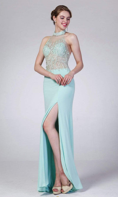 Cinderella Divine - 8741 Embellished Illusion Dress with Slit Evening Dresses 2 / Mint