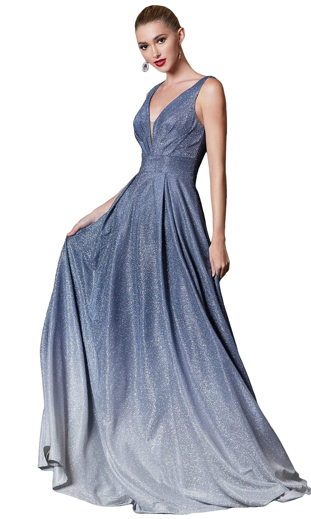 Cinderella Divine - Long Plunging Metallic A-Line Gown 9174SC In Blue