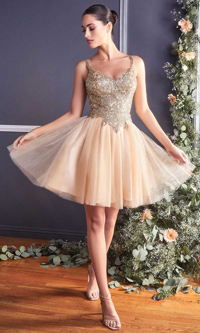 Cinderella Divine - 9239 Embellished V Neck A-line Dress Cocktail Dresses XXS / Champagne-Gold