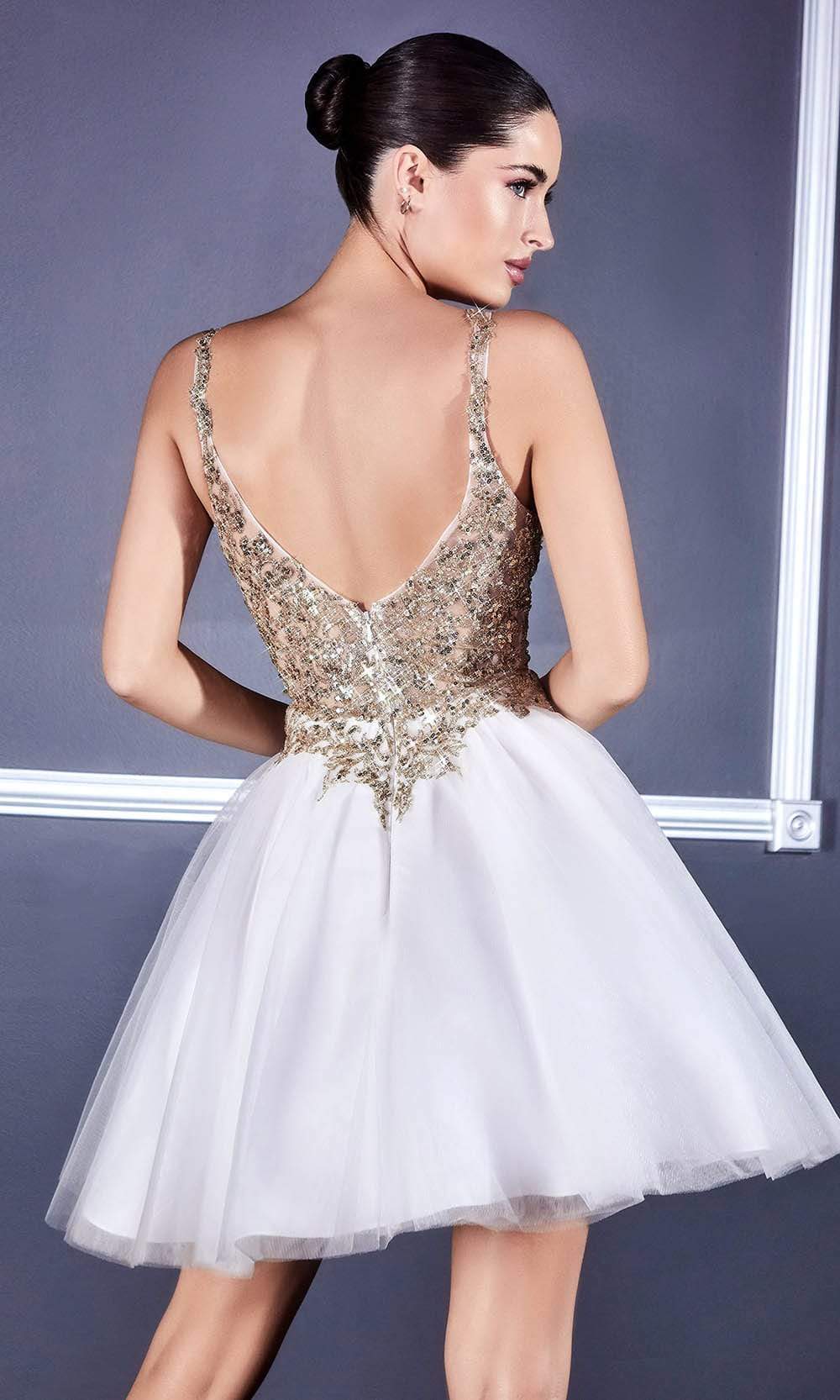 Cinderella Divine - 9239 Embellished V Neck A-line Dress Cocktail Dresses XXS / Off White-Gold