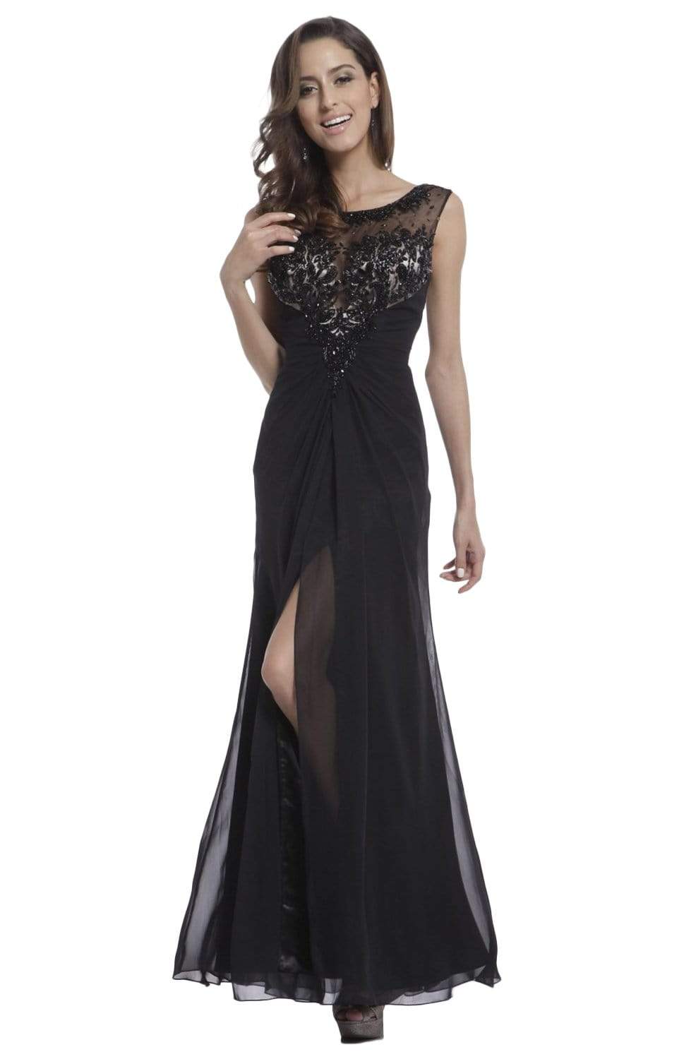 Cinderella Divine - 954 Beaded Lace Gathered Dress Evening Dresses 2 / Black