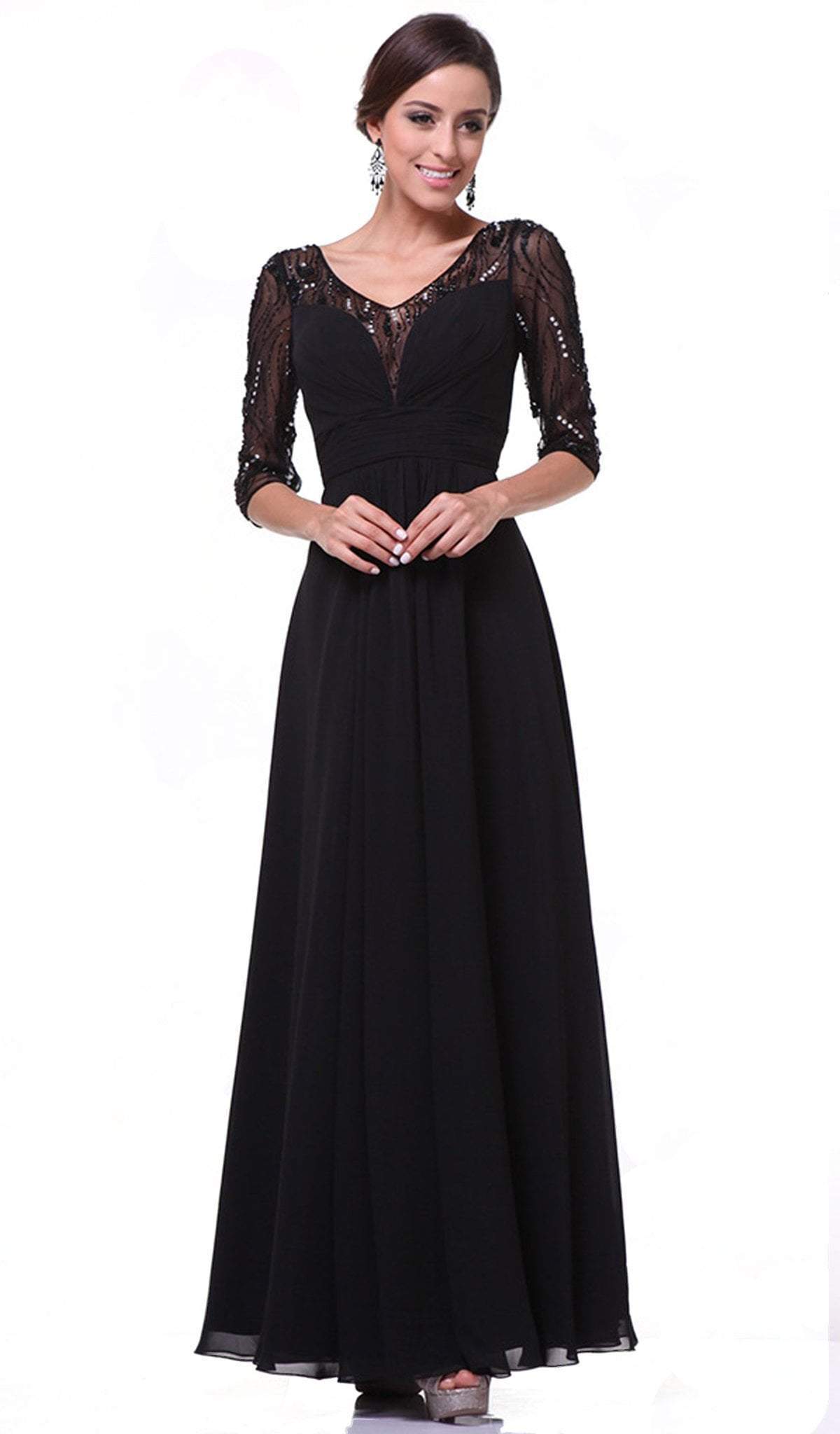 Cinderella Divine - 967 Sheer Quarter Length Sleeve Ruched A-line Dress Special Occasion Dress 2 / Black