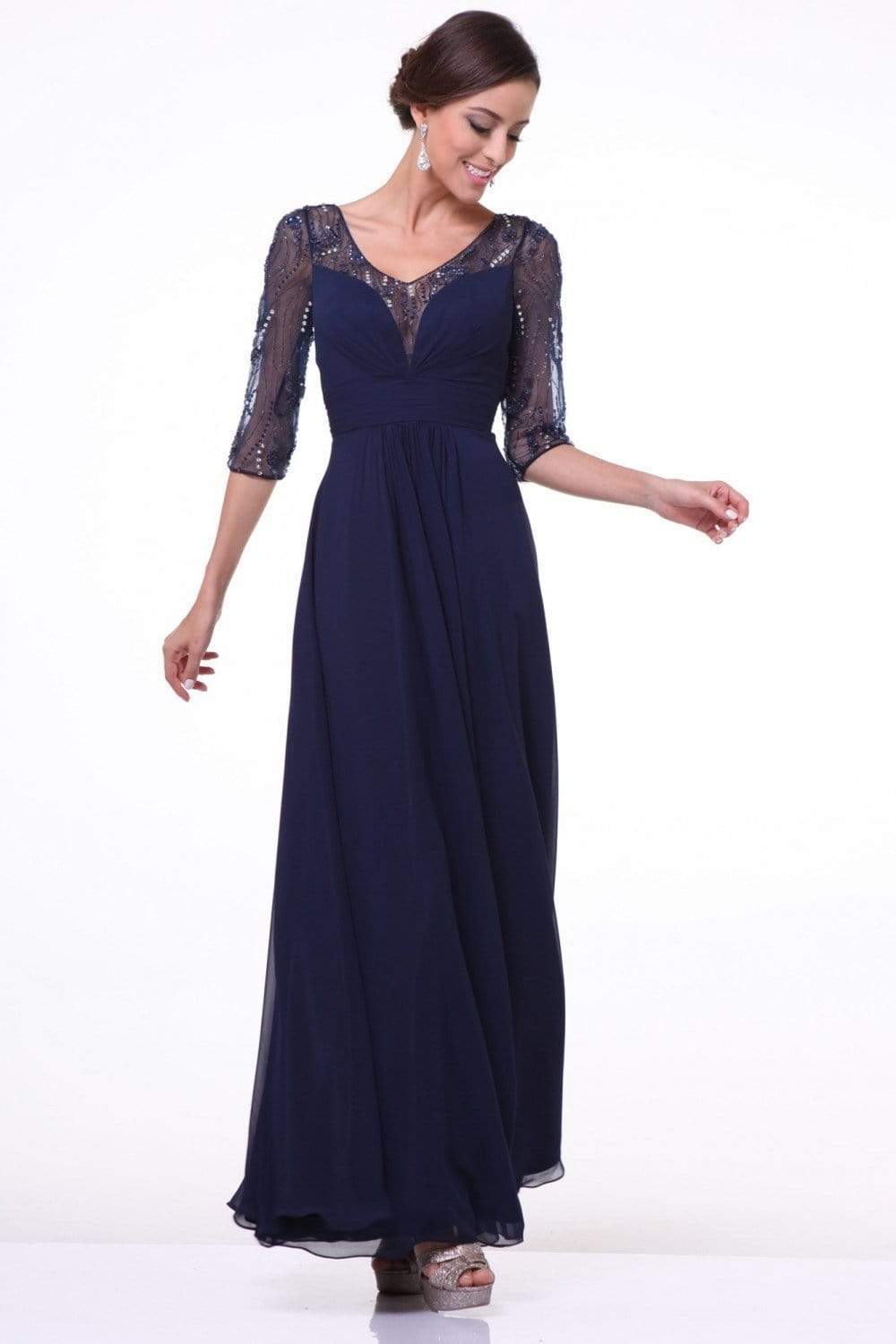 Cinderella Divine - 967 Sheer Quarter Length Sleeve Ruched A-line Dress Special Occasion Dress 2 / Navy