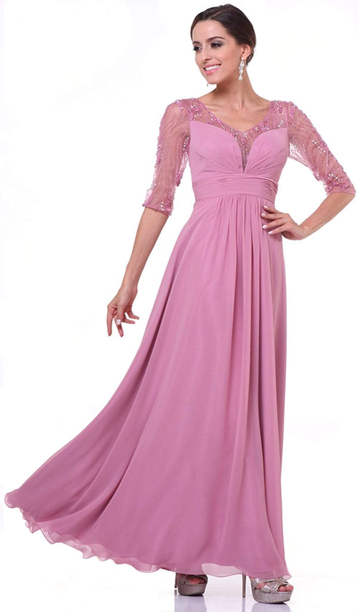Cinderella Divine - 967 Sheer Quarter Length Sleeve Ruched A-line Dress Special Occasion Dress 2 / Rose