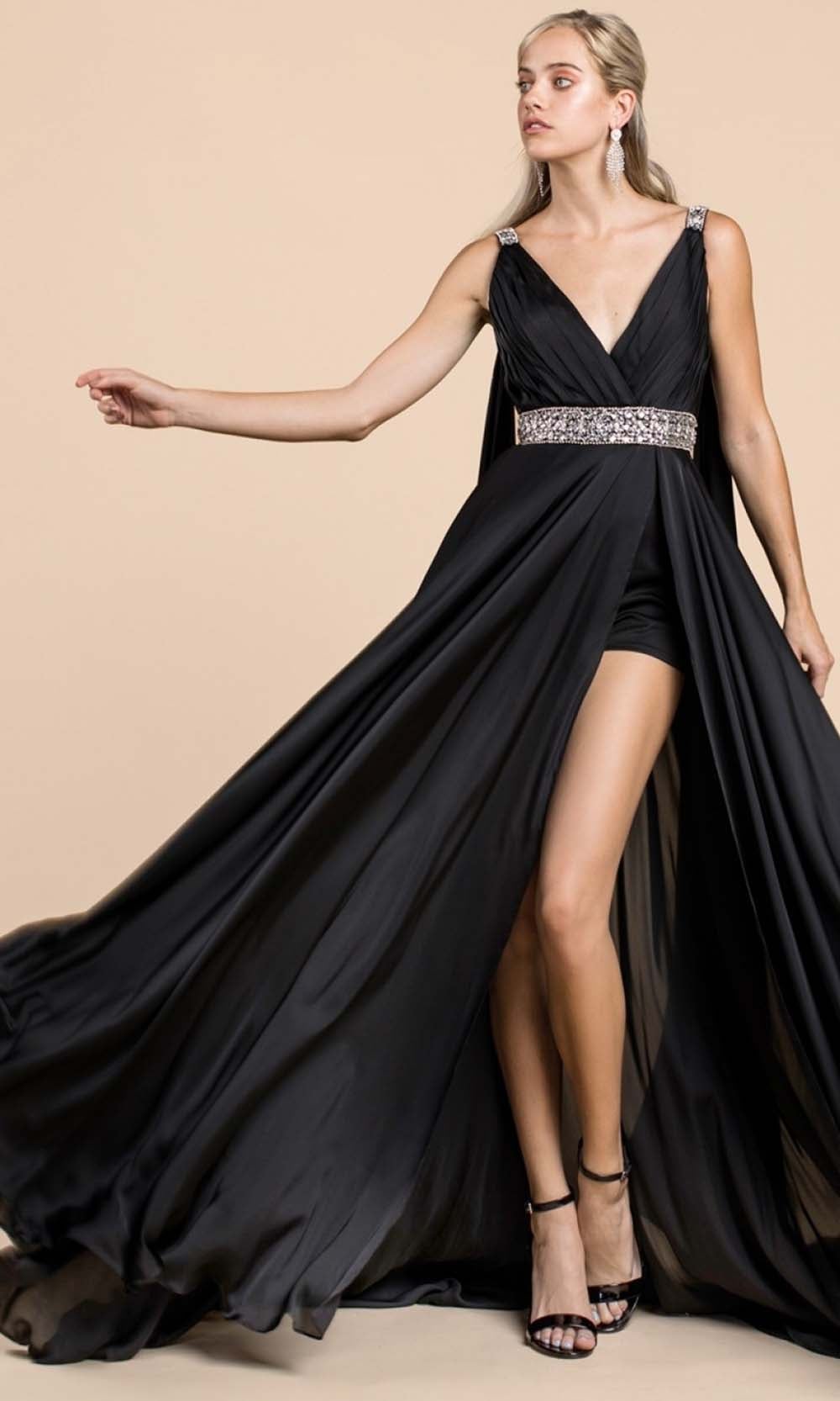 Cinderella Divine - A0065 Satin High Slit Caped Evening Gown Evening Dresses 2 / Black