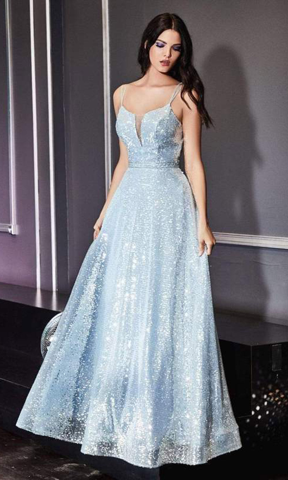 Cinderella Divine - AM518 Sheer Plunge Neckline Sequin Gown In Blue
