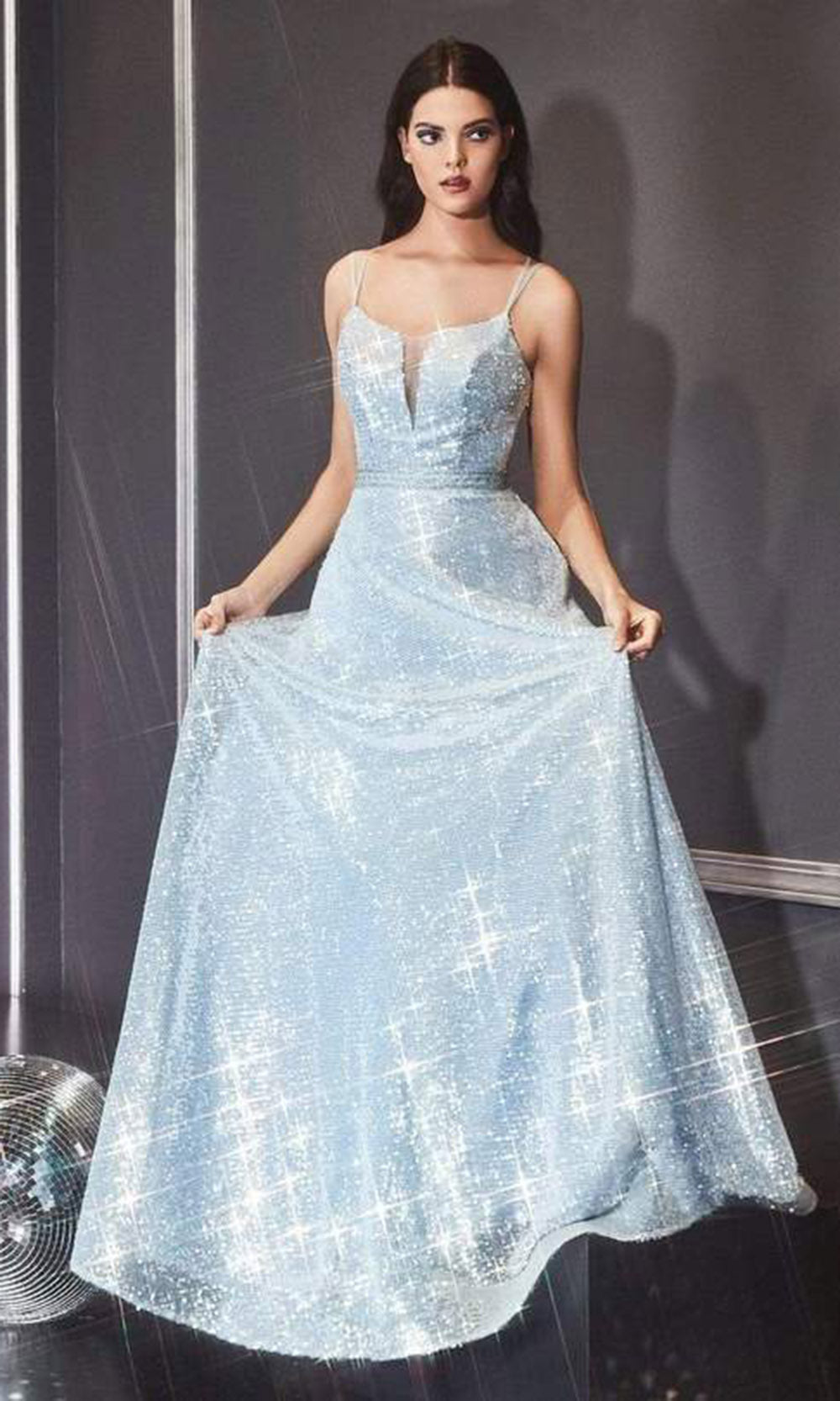 Cinderella Divine - AM518 Sheer Plunge Neckline Sequin Gown In Blue