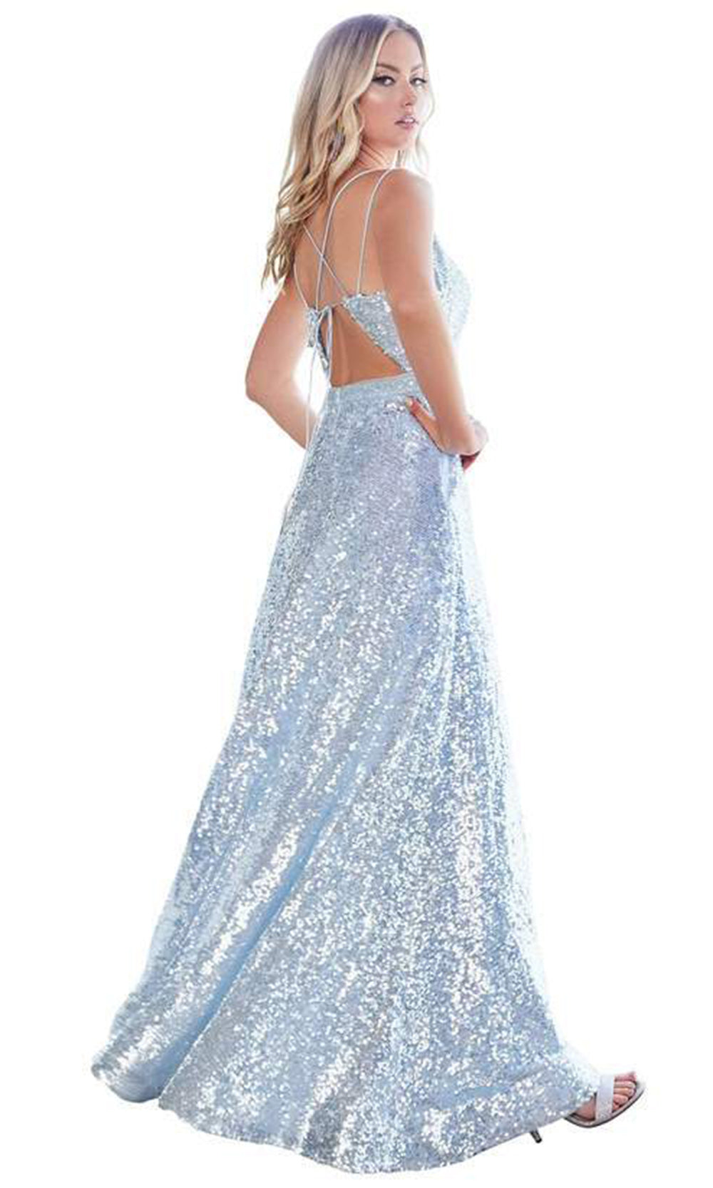 Cinderella Divine - AM518 Sheer Plunge Neckline Sequin Gown In Blue