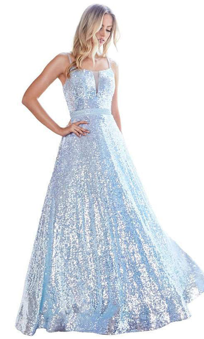 Cinderella Divine - AM518 Sheer Plunge Neckline Sequin Gown In Blue