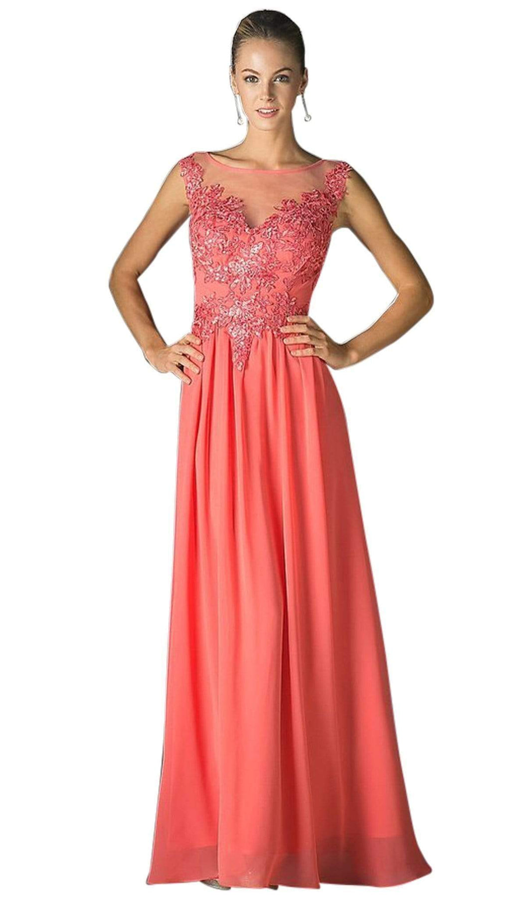 Cinderella Divine - Appliqued Illusion Bateau Chiffon Evening Gown Special Occasion Dress XS / Coral