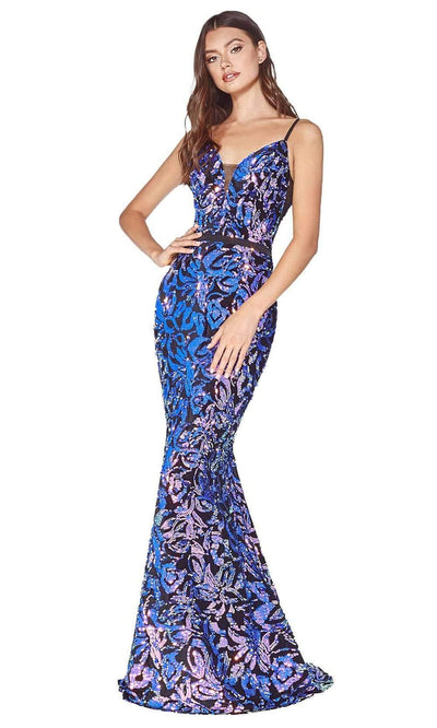Cinderella Divine - Spaghetti Straps Open V-Back Sequin Long Dress B60161SC In Multicolor