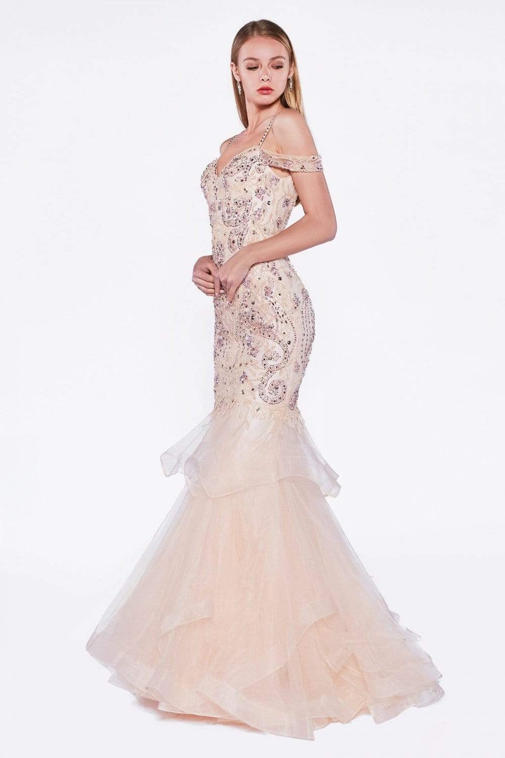 Cinderella Divine - Bead Embellished Ruffled Mermaid Evening Dress Special Occasion Dress