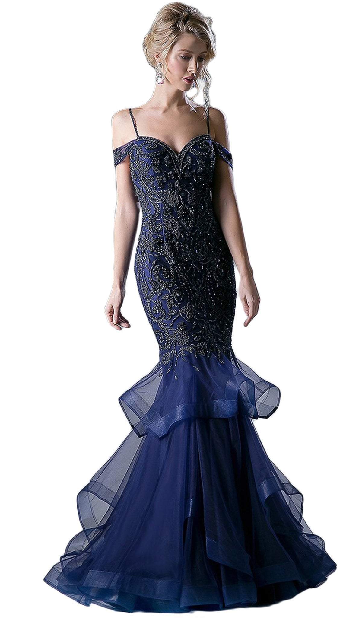 Cinderella Divine - Bead Embellished Ruffled Mermaid Evening Dress Special Occasion Dress 2 / Navy