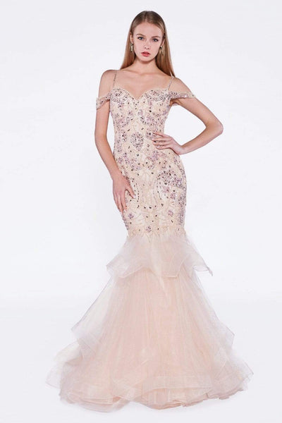 Cinderella Divine - Bead Embellished Ruffled Mermaid Evening Dress Special Occasion Dress 2 / Peach