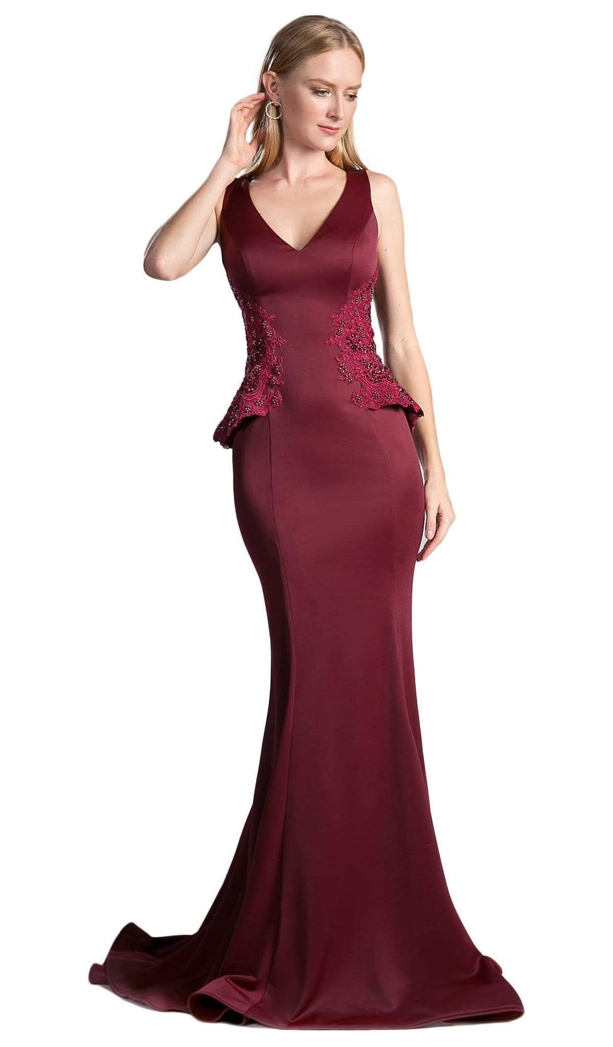 Cinderella Divine - Beaded Lace V-neck Trumpet Dress Special Occasion Dress 2 / Burgundy