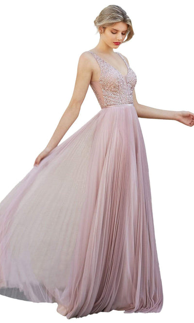 Cinderella Divine - Beaded V-Neck Shirred A-line Dress CJ535 - 1 pc Dusty Rose In Size 4 Available CCSALE 4 / Dusty Rose