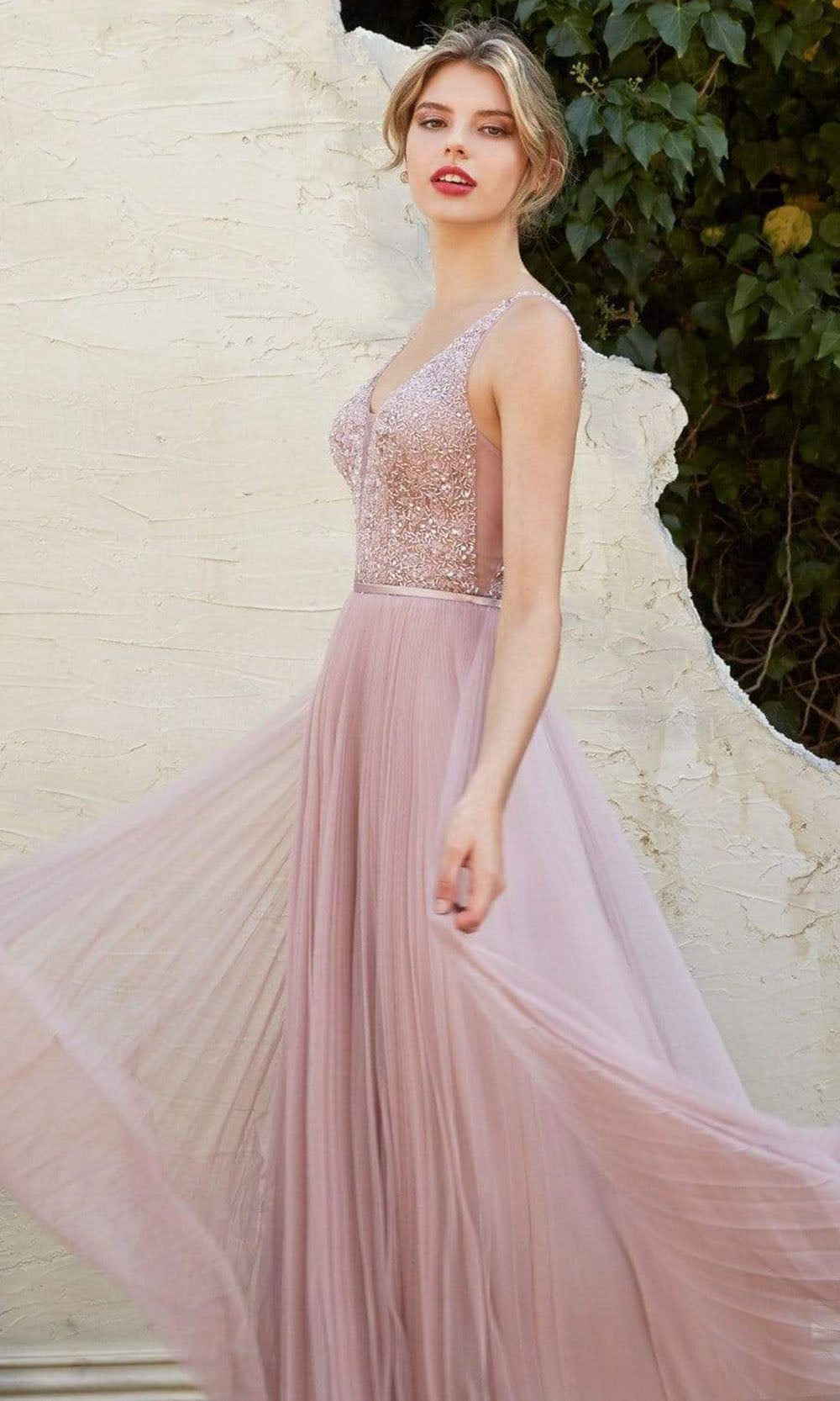 Cinderella Divine - Beaded V-Neck Shirred A-line Dress CJ535 - 1 pc Dusty Rose In Size 4 Available CCSALE 4 / Dusty Rose