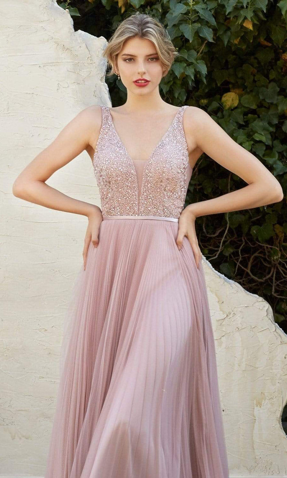 Cinderella Divine - Beaded V-Neck Shirred A-line Dress CJ535 - 1 pc Dusty Rose In Size 4 Available CCSALE 4 / Dusty Rose