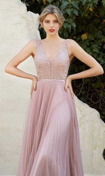 Cinderella Divine - Beaded V-Neck Shirred A-line Dress CJ535 - 1 pc Dusty Rose In Size 4 Available CCSALE 4 / Dusty Rose