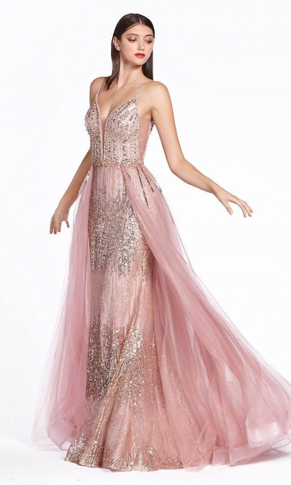 Cinderella Divine - Plunging Beaded Overskirt Long Dress CR841SC In Pink