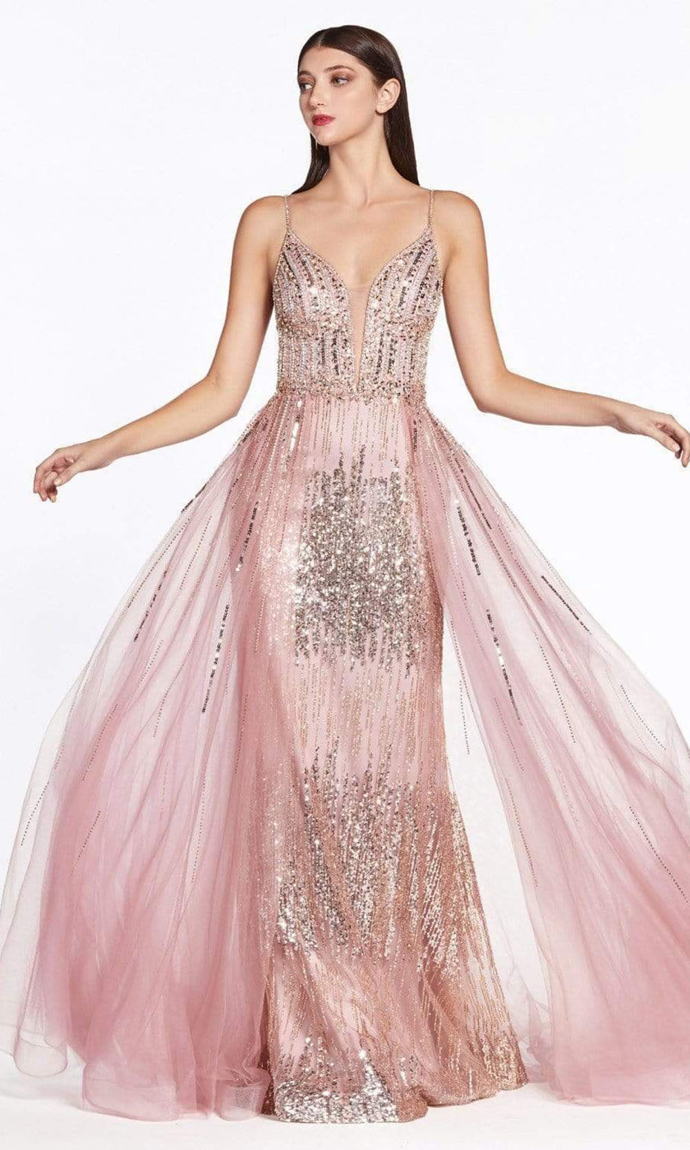 Cinderella Divine - Plunging Beaded Overskirt Long Dress CR841SC In Pink