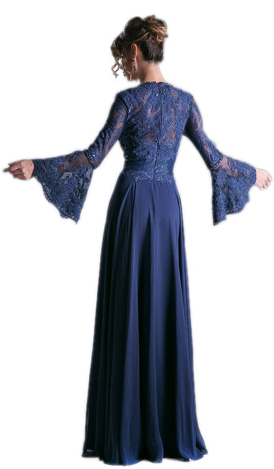 Cinderella Divine Bell Sleeve Queen Anne Ruched Long Gown - 1 pc Navy In Size 8 Available CCSALE 8 / Navy