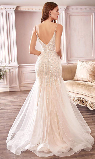 Cinderella Divine Bridal - Beaded Spaghetti Straps Long Bridal Gown CDS401SC In White