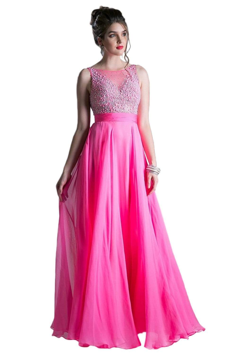 Cinderella Divine - C255 Beaded Bateau Chiffon A-line Gown Prom Dresses 2 / Fuchsia