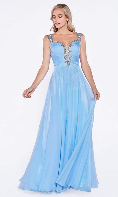Cinderella Divine - C286 Jewel Beaded Trim Ruched Bodice A-Line Gown Evening Dresses 2 / Perry Blue