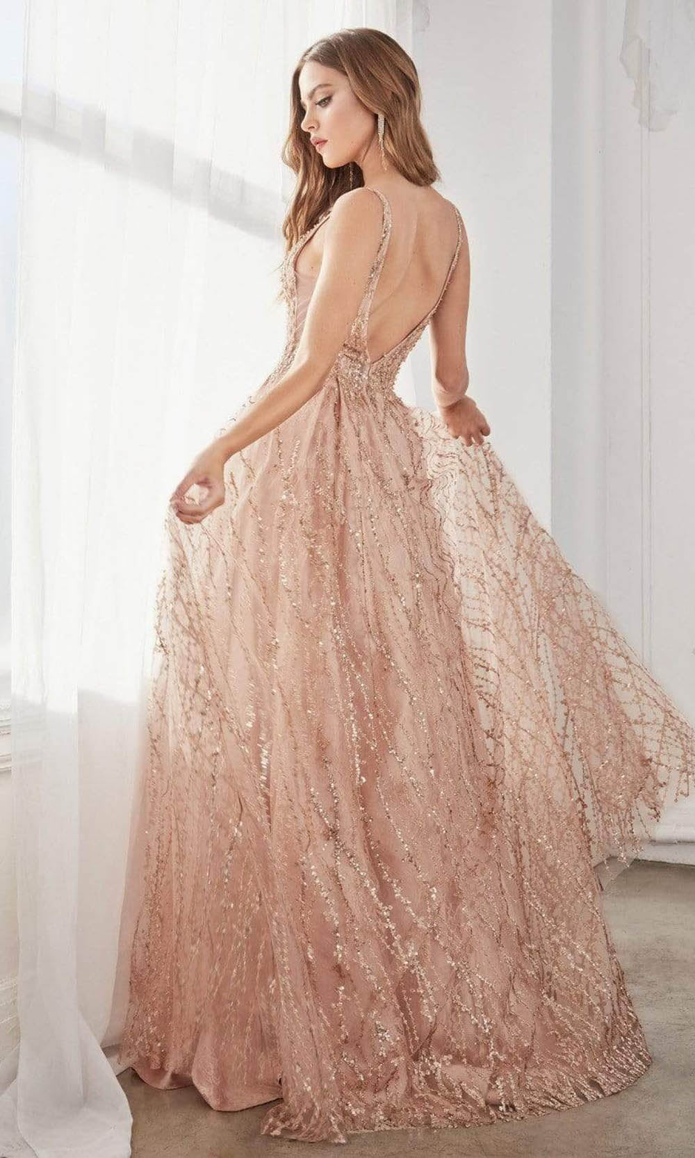 Cinderella Divine - Plunging Sequined Glitter Print A-Line Gown C32 - 1 pc Rose Gold In Size 8 Available CCSALE 8 / Rose Gold